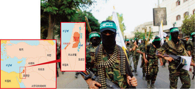 가자지구 지도. 하마스 대원들이 완전무장한 채 가자지구를 행진하고 있다. (왼쪽부터). [출처 · 시사상식사전, MEE]