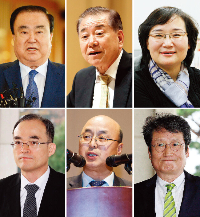 더불어민주당 문희상 의원, 문정인 대통령 통일외교안보 특보, 문미옥 대통령비서실 과학기술보좌관, 문성근 백만송이 국민의명령 상임운영위원장, 문태곤 강원랜드 사장, 문무일 검찰총장(왼쪽 위부터 시계 방향으로). [뉴스1, 뉴시스]