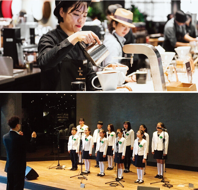 원두의 맛과 향을 최대한 살려주는 6가지 방식의 추출법 가운데 고객이 선택할 수 있다. 사진은 케멕스로 커피를 내리는 커피마스터의 모습(위). 매장 한쪽에는 공연장이 마련돼 2017년 12월 22~25일 어린이합창단, 재즈밴드, 현악4중주의 공연이 펼쳐졌다. [사진 제공 · 스타벅스, 홍태식 기자]