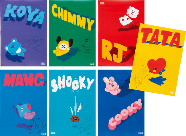 왼쪽 위부터 시계 방향으로 코야는 RM, 치미는 지민, 알제이는 진, 타타는 뷔, 쿠키는 정국, 슈키는 슈가, 망은 제이홉의 아이디어로 탄생했다. [사진 제공 · 라인프렌즈]