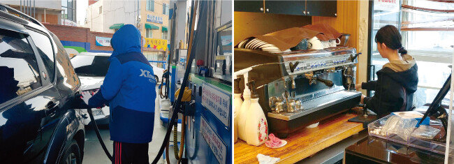 주유소에서 일하는 한 아르바이트생. 최근에는 아르바이트 자리를 구하기가 어려워지고 있다(왼쪽). 일부 카페는 주휴수당 지급을 피하고자 여러 명의 아르바이트생을 짧은 기간 고용하는 방식을 쓰고 있다. [동아일보, 뉴스1]