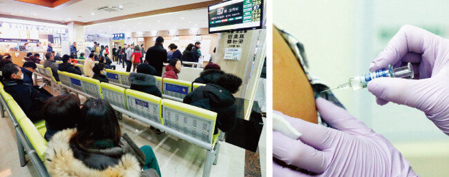 1월 4일 울산 한 병원에 진료를 받으러 온 환자들(왼쪽)과 독감 예방주사를 맞는 모습. [뉴스1]