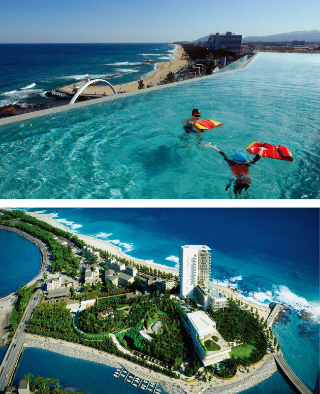 5층 야외 수영장은 동해와 이어진 듯한 인피니티풀이 인상적이다(위). 씨마크호텔 개관 당시 항공 사진. [박해윤 기자, 사진 제공 · 현대중공업]