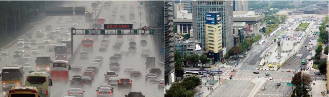 지난해 추석 텅 빈 서울 광화문 거리(오른쪽)와 귀성객으로 꽉 찬 고속도로. [뉴시스]