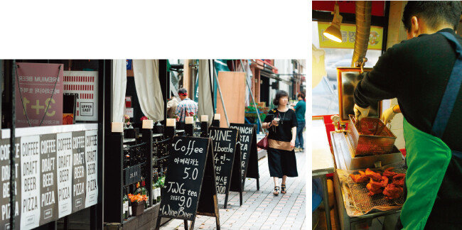 경기 성남시 분당구 카페거리. 카페가 밀집해 있다.(왼쪽) 하루 종일 주방에서 치킨을 튀겨도 가맹점주의 수익은 크지 않다. [뉴스1, 동아DB]