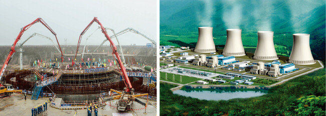 중국이 광시좡족자치구 팡청강에서 원전을 건설할 때 모습. 중국이 내륙지역에는 처음 건설할 후난성 타오화장 원전의 조감도.(왼쪽부터) [CNNC, 사진 제공 · 차이나 데일리]