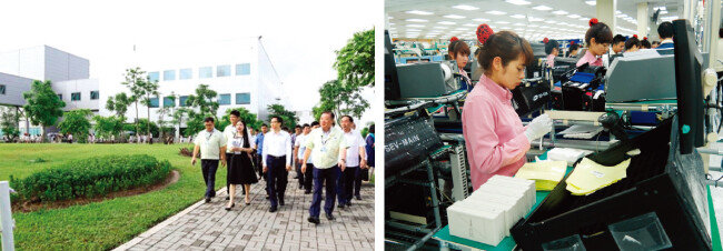 베트남 타이응웬성 옌빈공단에 자리한 삼성전자 휴대전화 생산 법인.(왼쪽) 베트남 박닌성 옌퐁공단에 위치한 삼성전자 휴대전화 공장 생산 라인. [사진 제공·삼성전자]