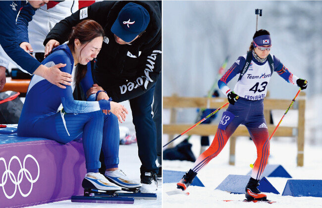 2월 18일 스피드스케이팅 여자 500m 경기를 마치고 눈물을 쏟는 빙속여제 이상화.(왼쪽) 바이애슬론 국가대표 문지희가 2월 10일  여자 스프린트 7.5㎞ 경기에서 설원을 가로지르고 있다.