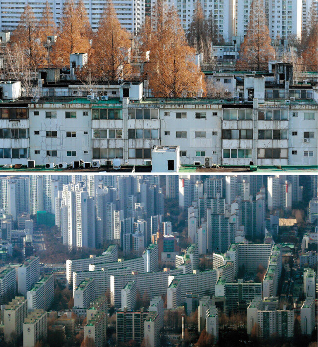 재건축 공사를 앞두고 이주 시점이 12월 이후로 확정된 서울 서초구 반포동 반포주공1단지(위). 서울 롯데월드타워 전망대에서 바라본 강남구 대치동 은마아파트. 새 학기 봄 이사철임에도 전세가가 소폭 하락 조정됐다. [뉴시스]