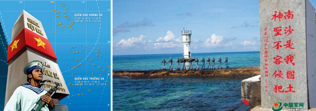 베트남이 스프래틀리 제도와 파라셀 제도가 자국 영토라고 주장하는 포스터(왼쪽)와 스프래틀리 제도가 중국 땅이라고 세워놓은 표지석. [중국 군망]