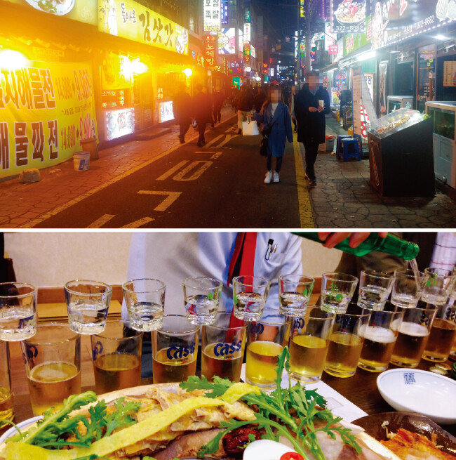 3월 13일 서울 신촌역 인근 번화가 모습. 술에 취해 있는 대학생을 찾아보기 어려웠다(위). 과거 술자리 위주 회식의 한 모습. [동아DB]