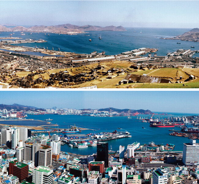 1954년 부산항(아래)과 2011년 용두산공원 부산타워에서 내려다본 부산항. [클리퍼드 스트로버스]