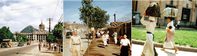 서울 중앙청(광화문). 부산 남포동 거리에 선 클리퍼드 스트로버스 씨. 서울 거리에서 짐을 이고 ‘달리는’ 아주머니들.(왼쪽부터) [클리퍼드 스트로버스]