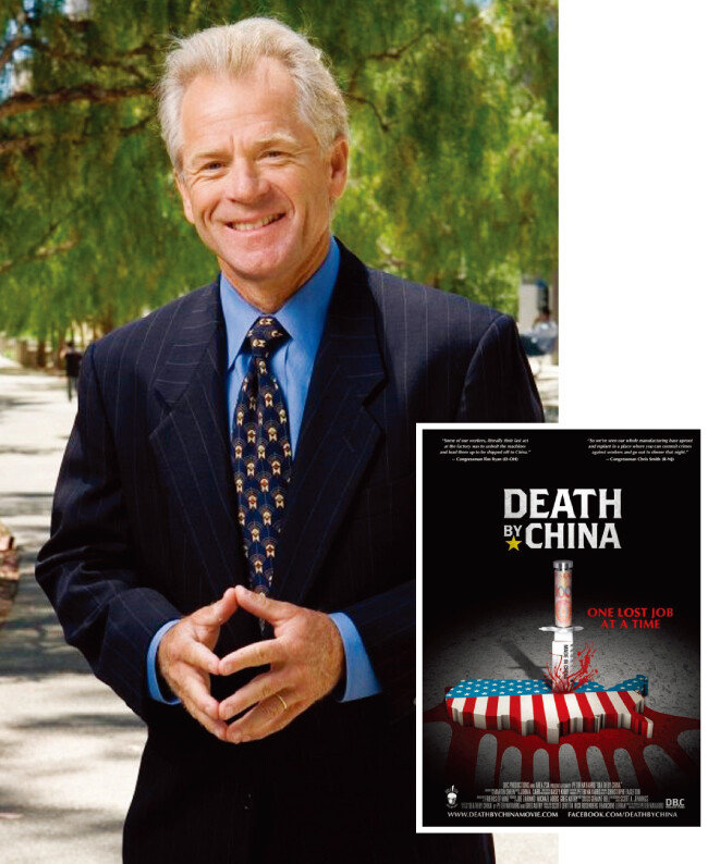 피터 나바로 백악관 무역제조업정책국장(왼쪽)과 그가 저서 ‘중국에 의한 죽음’을 바탕으로 제작한 다큐멘터리의 포스터. [캘리포니아대 어바인캠퍼스, 피터 나바로 웹사이트]