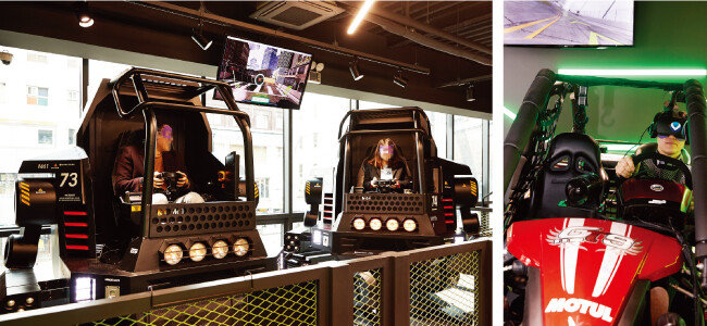 로봇이 된 것 같은 체험을 할 수 있는 ‘로봇 아담’ 어트랙션(왼쪽)과 레이싱을 즐길 수 있는 ‘카 레이서’ 게임. [홍중식 기자]