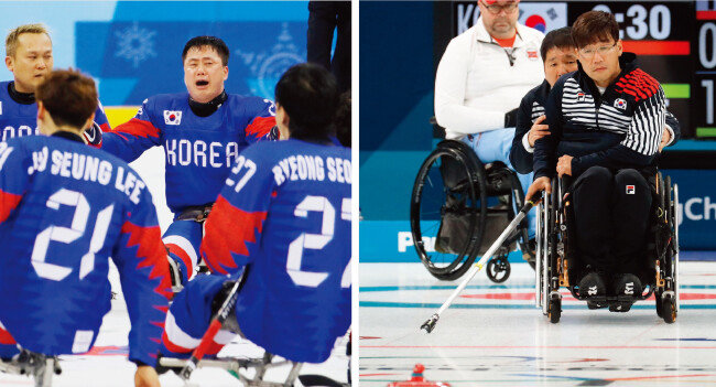 3월 17일 강릉하키센터에서 열린 이탈리아와 동메달 결정전에서 결승골을 넣은 장동신(뒷줄 오른쪽) 등 한국 장애인아이스하키 대표팀 선수들이 경기 후 애국가를 부르며 눈물을 흘리고 있다.(왼쪽) 평창동계패럴림픽 휠체어컬링 대한민국과 노르웨이의 4강전에서 서순석이 투구하고 있다.