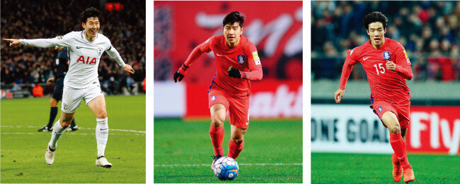 최근 상승세를 보이고 있는 손흥민(토트넘 홋스퍼). 한국 축구 국가대표팀 명단에 이름을 올린 박주호(울산현대축구단)와 홍정호(전북현대모터스·왼쪽부터). [동아일보]