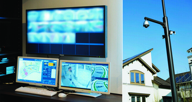 후지사와시 스마트 타운 사무실은 에너지 소비량과 보안 등을 24시간 관리한다(왼쪽). 후지사와시 스마트 타운에 설치된 폐쇄회로(CCTV)는 주민들의 동선을 따라 자동으로 촬영한다.