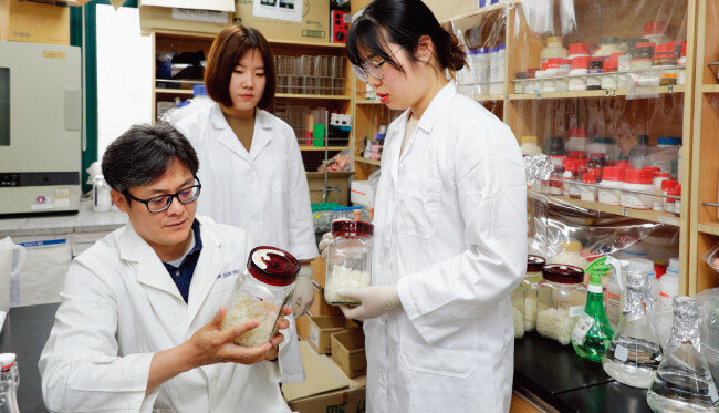 무주 복분자식초 발효 연구를 한 실험실에서 학생들과 함께 이야기 중인 백상호 전북대 식품영양학과 교수(왼쪽). [박해윤 기자]