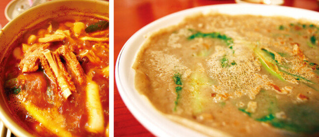끓일수록 맛있는 매운 등갈비찜, 얇지만 쫄깃한 메밀배추부침(왼쪽부터).