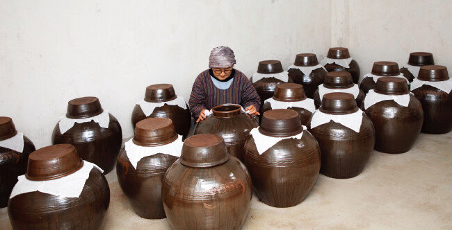 농장 저장창고에 보관된 30여 개의 매실초 항아리. 김태순 대표가 옹기 뚜껑을 열고 식초 상태를 확인하고 있다. [조영철 기자]