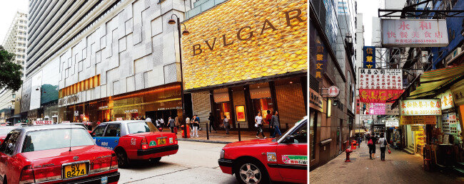 홍콩 명품 거리를 지나는 빨간 택시는 홍콩의 상징과도 같다(왼쪽). 골목마다 다닥다닥 붙어 있는 간판이 이색적이다.