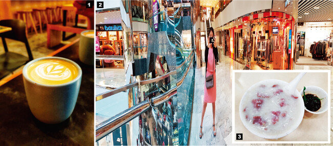 1 홍콩 거리 곳곳에는 특색 있는 카페가 모여 있다. 구글 맵스 평점 4점 이상인 카페라면 믿고 들어가도 좋다. 2 홍콩 하버시티 맞은편에 위치한 쇼핑몰 ‘실버코드’에서 인증샷을 남겨봤다. 명품 쇼핑을 하지 않더라도 즐길 거리가 많은 곳이었다. 3 ‘상기콘지’에서 맛볼 수 있는 홍콩 현지인의 아침식사 콘지.