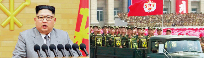 “내 책상에 핵단추가 있다”는 신년사를 발표한 김정은 북한 국무위원회 위원장과 판문점에서 문재인 대통령을 만나 평화를 약속한 김 위원장 가운데 어느 쪽이 진짜일까(왼쪽). 열병식에 핵배낭을 메고 나온 북한 병사들. [조선중앙통신, 동아DB]