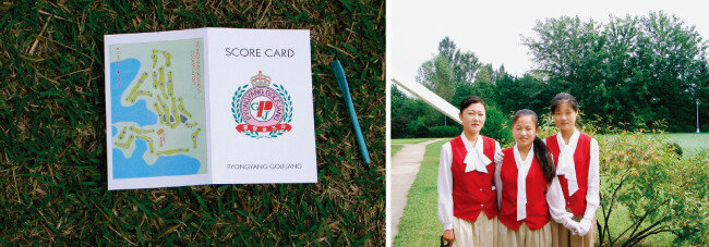 스코어 카드에 평양골프장이라고 쓰여 있다(왼쪽), 평양골프장 캐디들. 