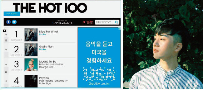 빌보드 핫 100 차트(왼쪽)와 지난 4월 음원차트 역주행으로 논란의 주인공이 된 가수 닐로. [빌보드 홈페이지, 사진 제공 · 리메즈엔터테인먼트]