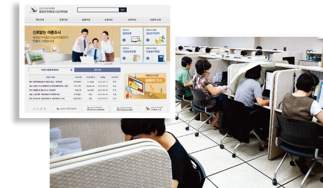 중앙선거여론조사심의위원회 인터넷 홈페이지(왼쪽). 여론조사 상담원들이 전화 여론조사를 실시하고 있다. 사진은 기사 내용과 관계없음. [동아DB]