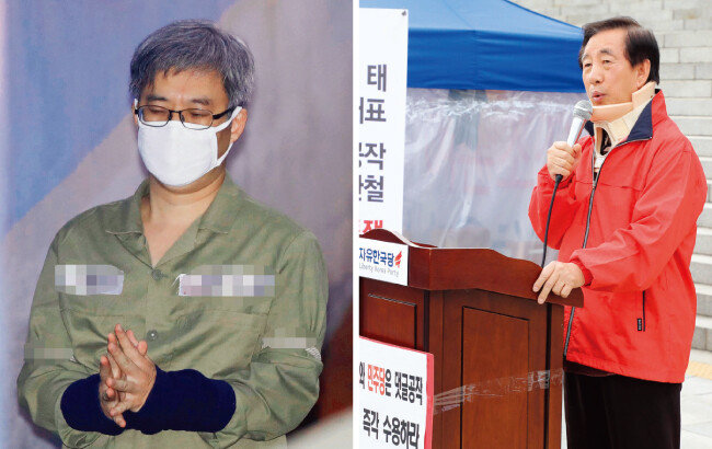 더불어민주당 당원의 댓글 여론조작 사건으로 재판에 넘겨진 김동원(드루킹) 씨가 5월 2일 오전 서울 서초구 서울중앙지방법원에서 열린 공판에 출석하고 있다(왼쪽). 자유한국당 김성태 원내대표가 5월 7일 오후 서울 여의도 국회 본청 앞에서 드루킹 댓글 조작 의혹 사건 특검 수용을 촉구하는 긴급기자회견을 하고 있다. [뉴시스, 동아DB]