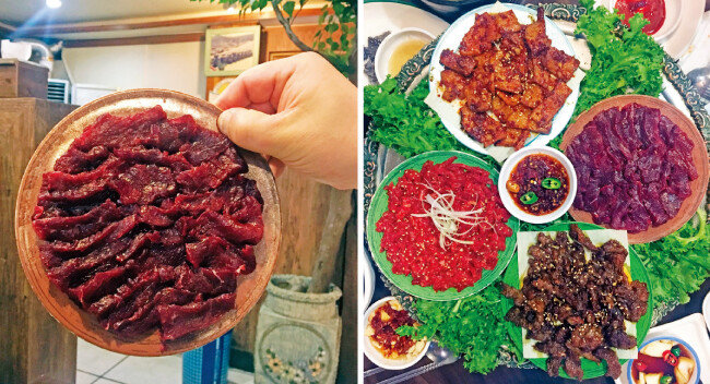 부드러운 생고기인 뭉티기는 접시에 착 달라붙을 정도로 차지다(왼쪽). 대구 뭉티기 식당에는 다른 고기 요리도 여럿 있다.