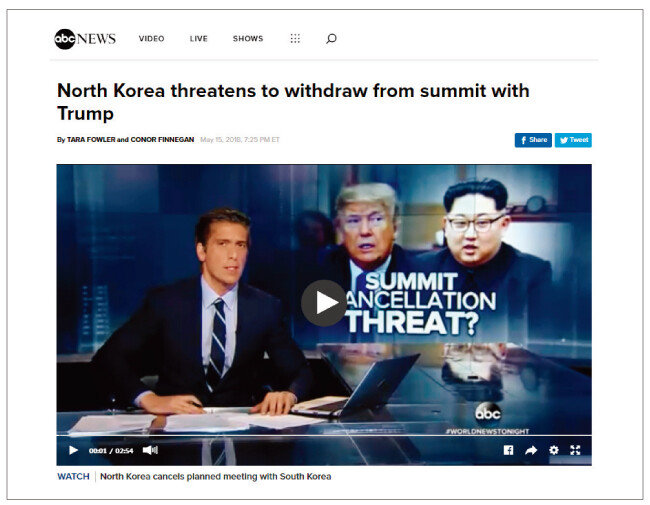 5월 15일 미국 ABC 뉴스가 북·미 정상회담 취소 가능성을 보도하고 있다. [abcNEWS 캡처]