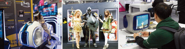 ‘VR체험’ 부스에서 한 학생이 오토바이 VR 체험을 하는 모습, ‘펄어비스’ 부스의 ‘검은사막 모바일’ 코스프레팀, 고전 게임을 즐기는 한 관람객(왼쪽부터). [지호영 기자]