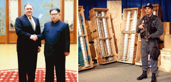 김정은 북한 국무위원회 위원장이 마이크 폼페이오 미국 국무장관과 악수하고 있다(왼쪽). 한 미국 연방요원이 리비아가 넘긴 원심분리기 부품들을 감시하고 있다.