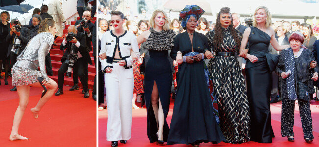 레드카펫에서 하이힐을 벗고 입장한 크리스틴 스튜어트(왼쪽). 영화계 성평등을 요구하며 팔짱을 끼고 행진한 여성영화인들. [AP=뉴시스]