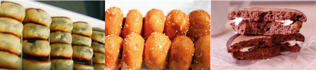 경북 경주 황남빵, 경남 통영 오미사꿀빵, 전북 전주 초코파이(왼쪽부터).