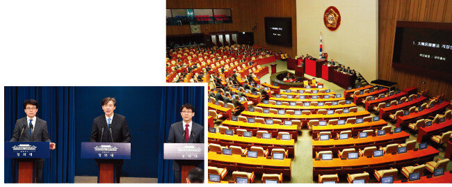 대통령비서실 조국 민정수석이 3월 20일 청와대 춘추관에서 개헌안 개편 방안을 발표하고 있다(왼쪽). 5월 24일 국회 본회의에서 헌법 개정안이 투표불성립으로 부결됐다. [청와대사진기자단, 동아DB]