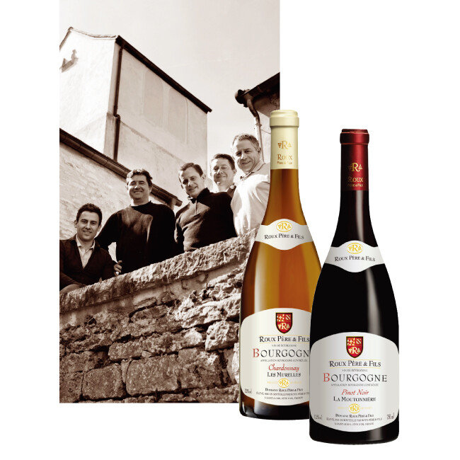 현재 도멘 루를 이끌고 있는 4대손과 5대손. 도멘 루의 부르고뉴 샤르도네, 피노 누아르 와인(왼쪽부터). [사진 제공 · 에노테카코리아㈜]