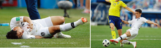 박주호가 스웨덴전에서 동료의 긴 패스를 무리하게 받다 부상을 당한 뒤 오른쪽 햄스트링 통증을 호소하고 있다(왼쪽). 스웨덴의 빅토르 클라에손의 돌파를 막고 있는 김민우(오른쪽). 이 태클로 패널티킥이 선언되며 결승골을 내주고 말았다. [동아DB]
