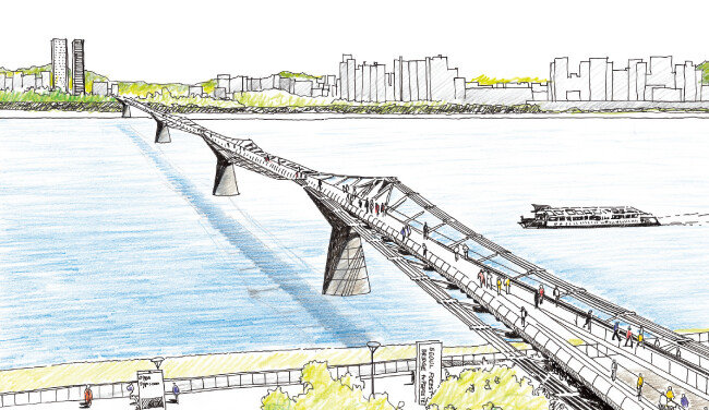 서울 강북 ‘서울숲’과 강남 로데오 거리를 연결하는 보행자 전용다리 상상도. [출처 · 을유문화사]