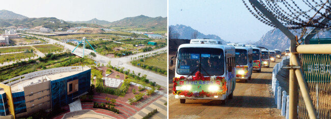 종전 선언과 남북경협에 대한 기대감이 되살아나면서 개성공단 재가동과 금강산 관광 재개에 관심이 쏠리고 있다. 사진은 북한 개성시 봉동리 개성공업지구(왼쪽)와 금강산 육로관광을 위해 관광버스들이 비무장지대를 지나는 모습. [뉴시스, 사진 제공 · 현대아산]