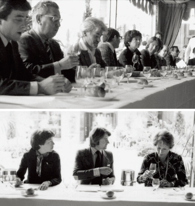 1976년 프랑스 파리에서 나파 밸리 와인과 프랑스 와인을 블라인드 테이스팅하고 있는 심사위원들(위). ‘파리의 심판’을 기획한 사람들로 가운데가 스티븐 스퍼리어다. [사진 제공 · 나라셀라㈜]