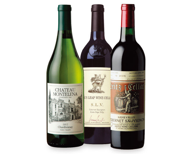 샤토 몬텔레나의 나파 밸리 샤르도네, 스택스 립 와인 셀라의 S. L. V. 카베르네 소비뇽, 하이츠 와인 셀라의 마르따스 빈야드 카베르네 소비뇽(왼쪽부터). [사진 제공 · 나라셀라㈜]