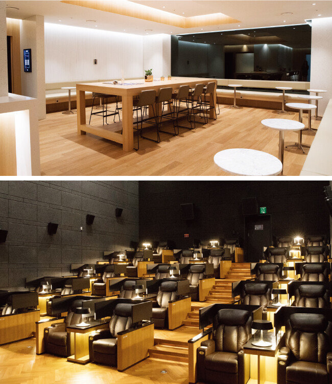 카페처럼 꾸며놓은 관객 대기공간(위)과 씨네Q 신도림점 7관 내부 모습. 경쟁사 VIP 상영관과 비슷한 시설에 요금은 40% 정도다.