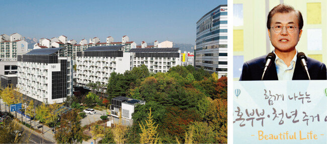 서울 노원구 공공임대주택 115채는 신혼부부 및 노인 가구를 대상으로 추첨해 당첨자에게 분양한다.(왼쪽) 문재인 대통령이 7월 5일 서울 구로구 한 행복주택 아파트 광장 놀이터에서 열린 신혼부부 및 청년 주거대책 발표 행사에서 인사말을 하고 있다 [동아DB] 