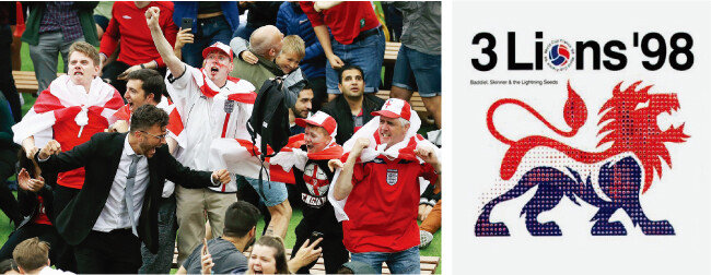 러시아월드컵 조별리그 잉글랜드와 튀니지 전에서 잉글랜드가 첫 골을 넣자 기뻐하는 영국 본토 축구팬들(왼쪽). 라이트닝 시즈가 1998년 재발매한 ‘Three Lions’ 앨범 재킷. [AP=뉴시스, 동아DB]
