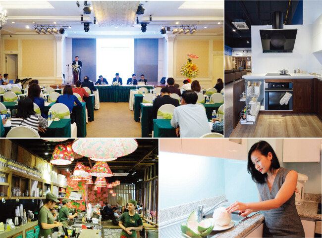 그린에그의 
베트남 파트너사인 BCG그룹의 연차보고대회, 플렉스핏 가구전시장, 3콤마캐피탈의 포멜로와 콩카페(왼쪽 위부터 시계방향으로).