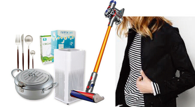 최근 인기를 끌고 있는 해외직구 제품들. 큐티폴 수저세트, 오가닉 생리대, 나트라케어 생리대, 다이슨 무선청소기 V8, 쟈딕앤볼테르 블레이저 자켓, 샤오미 공기청정기 미에어, 와헤이 프레이즈 튀김냄비(왼쪽 위부터 시계방향으로).